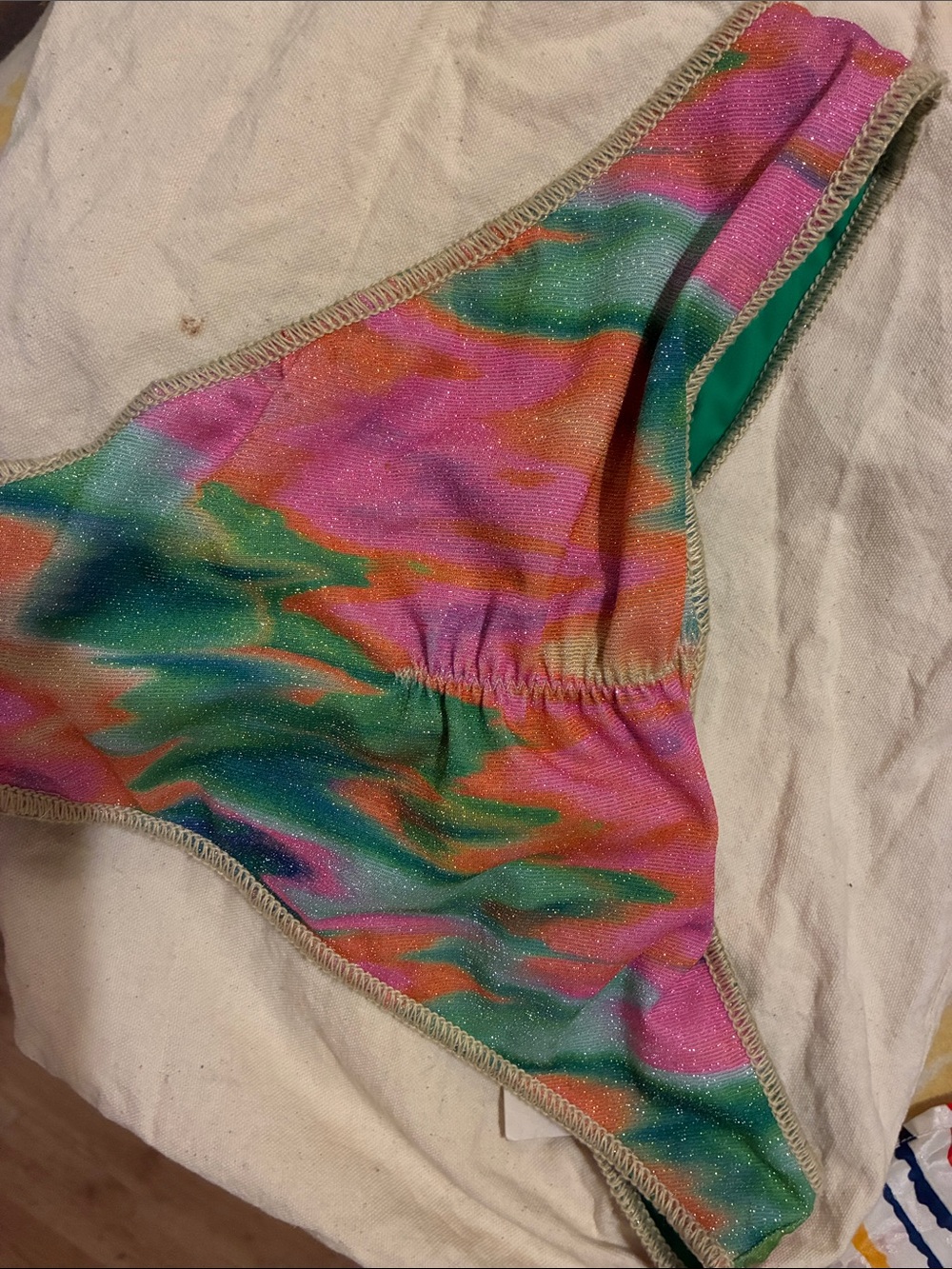 BECCA Green and Pink Multi Beach bikini bottom sinched Reversable green